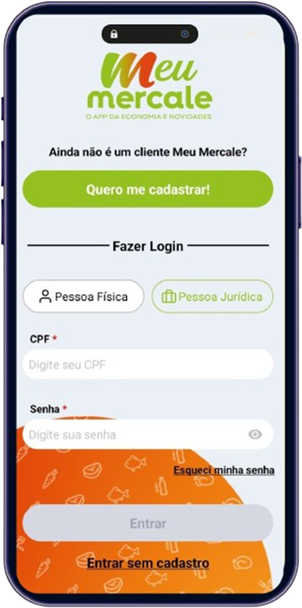 Tela de acesso do aplicativo Meu Mercale