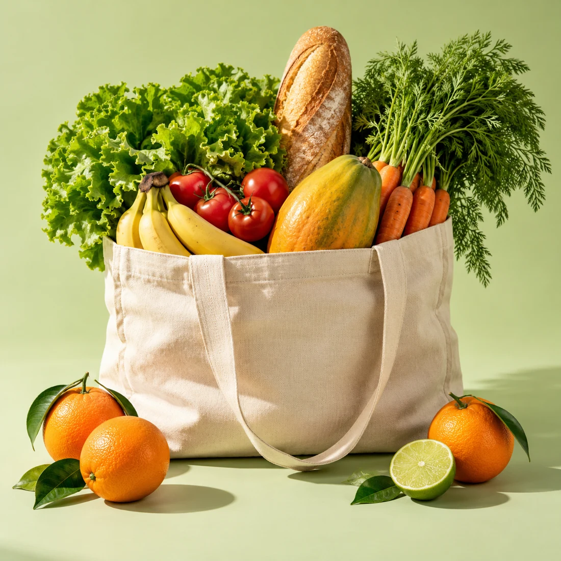 Sacola de feira com verduras, frutas e pão fresco